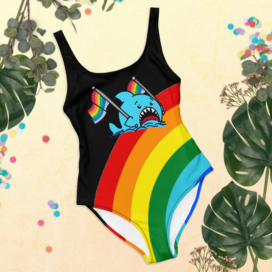 Anxious Shark Takes Pride to the Beach- One-Piece Swimsuit
