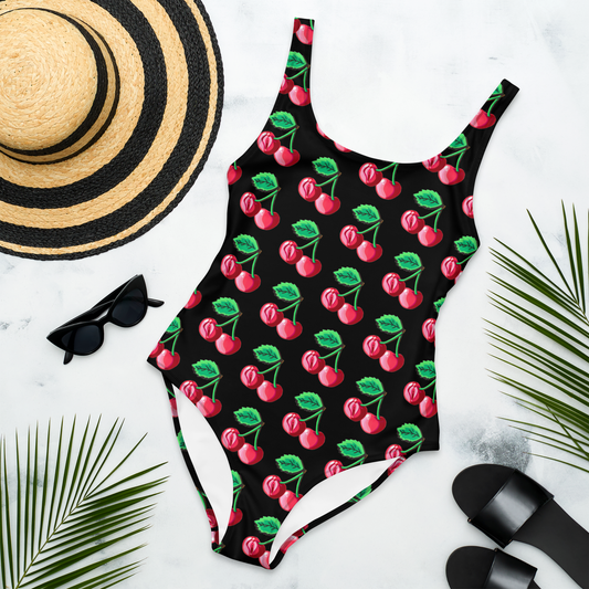 "Cherry on Top" Cherry Vulva- One-Piece Swimsuit, Black
