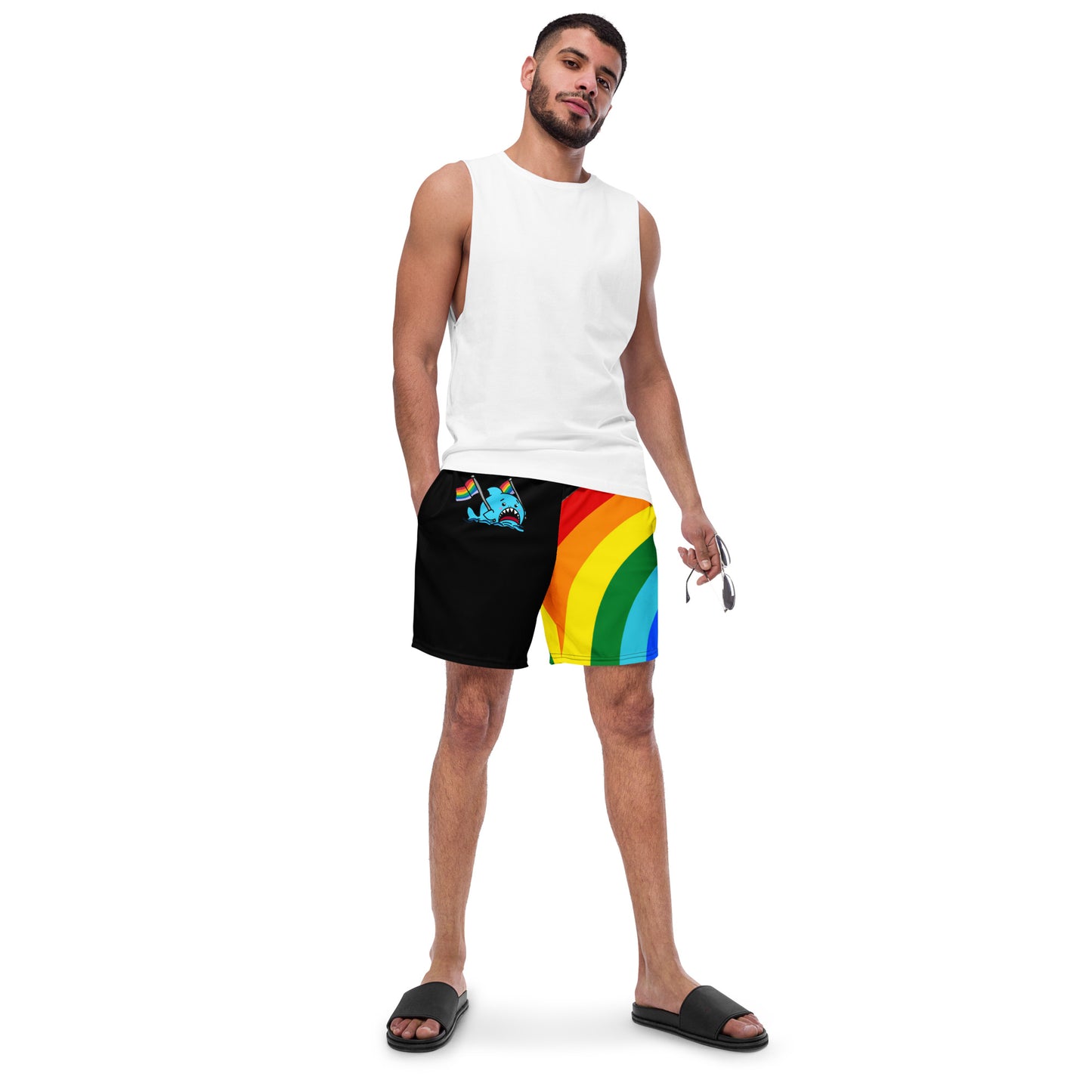 Anxious Shark Rainbow Pride Flag- Swim Trunks