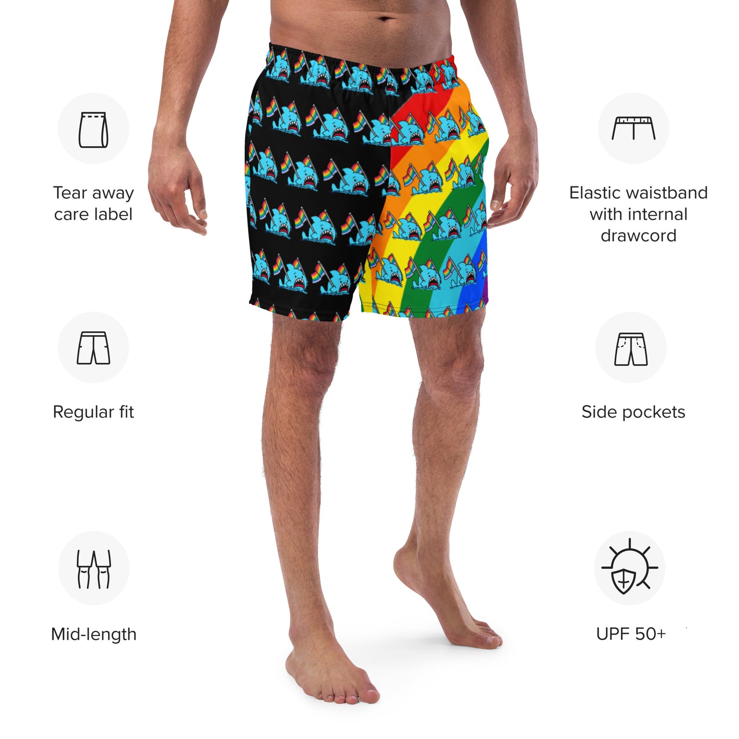 Anxious Shark Rainbow Pride Flag- Swim Trunks