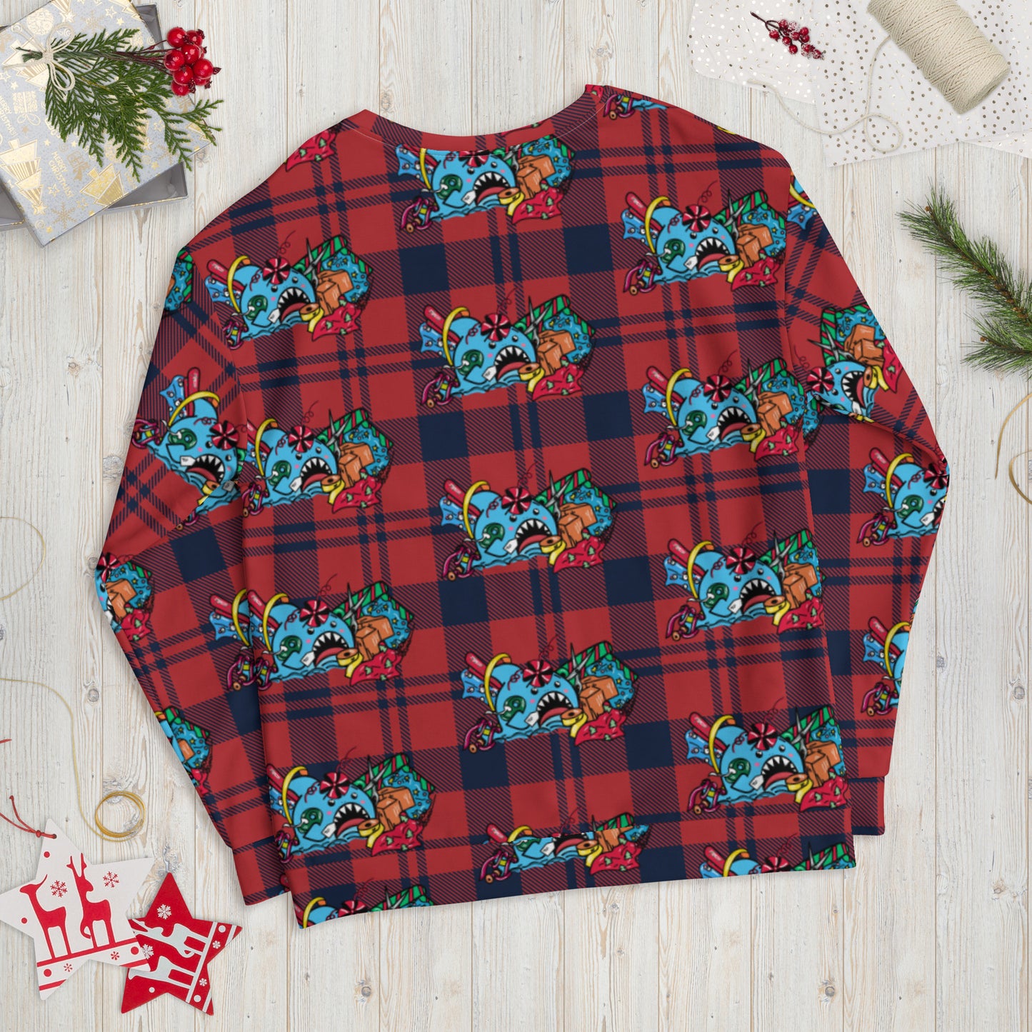 Holiday Sharks Ugly Christmas Sweater- Time to Wrap the Gifts! (Genderless sweatshirt)