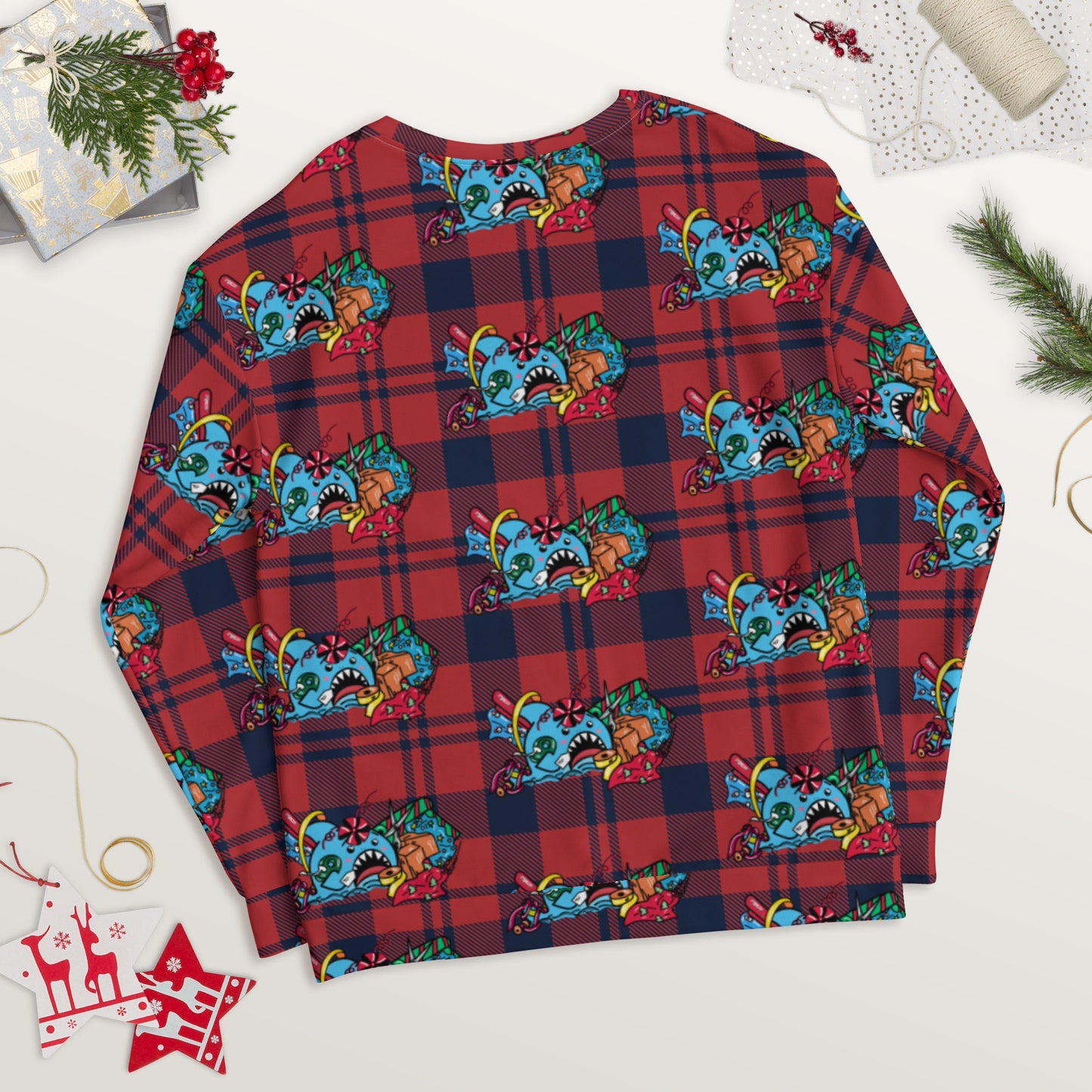Holiday Sharks Ugly Christmas Sweater- Time to Wrap the Gifts! (Genderless sweatshirt)