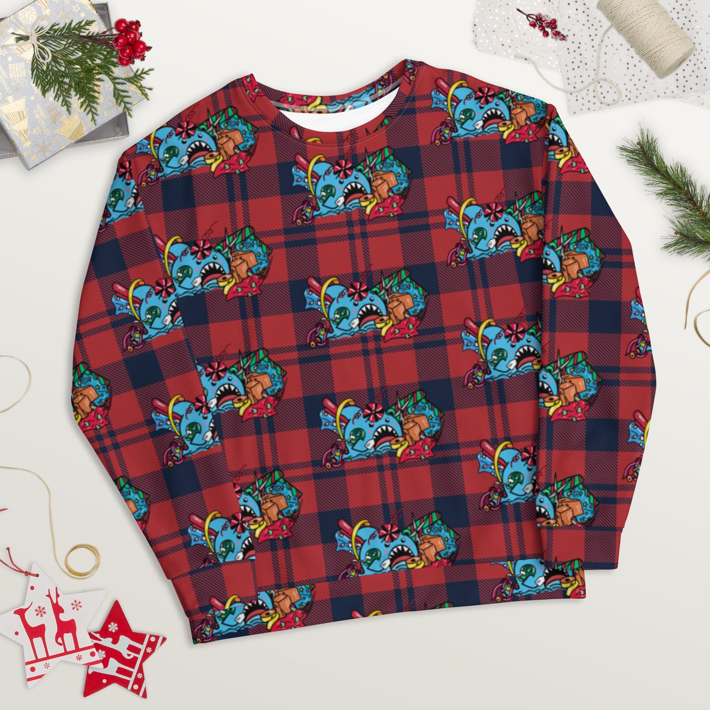 Holiday Sharks Ugly Christmas Sweater- Time to Wrap the Gifts! (Genderless sweatshirt)