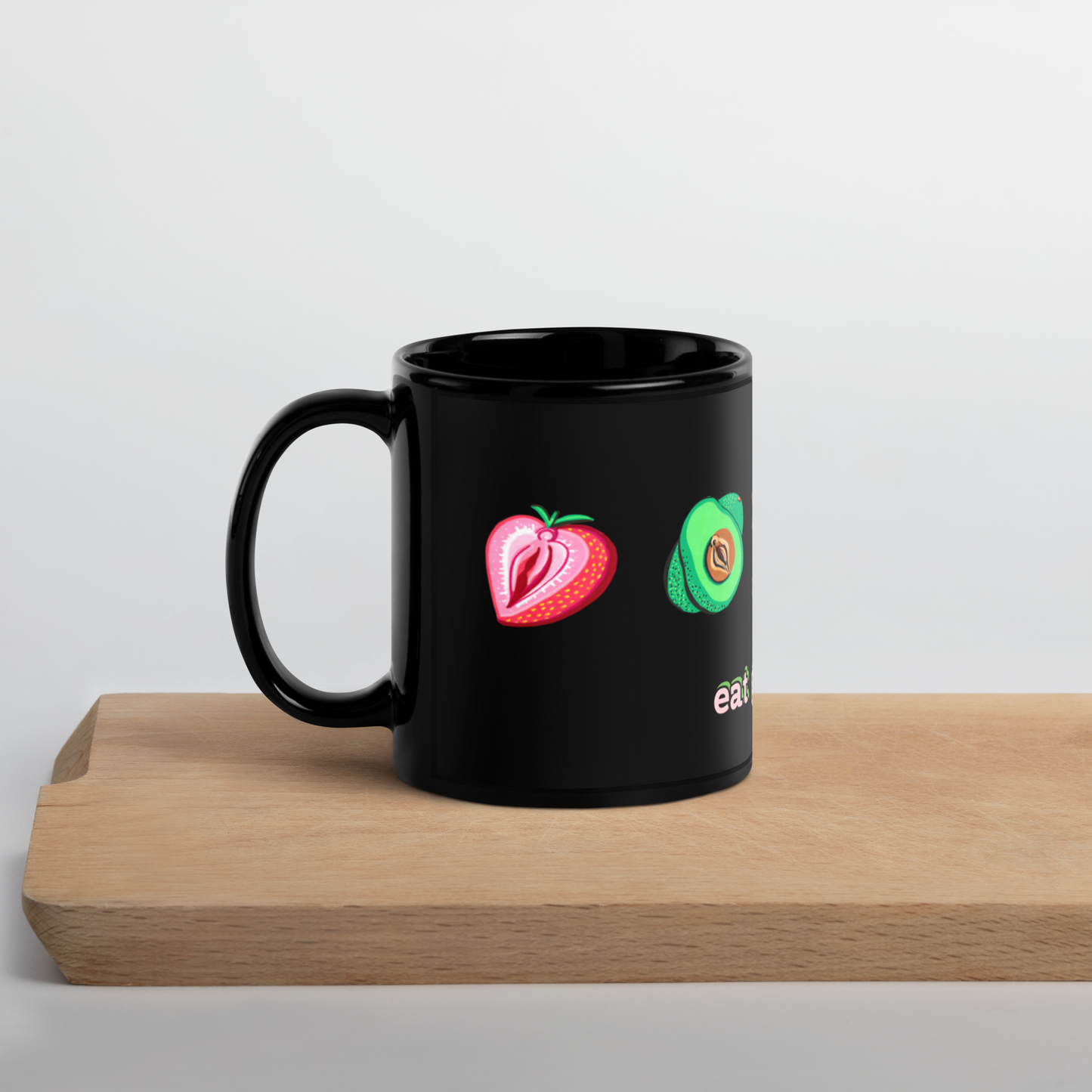 "Eat Good Food." Food Vulvas, Black Mug- 2 sizes (U.S ONLY)