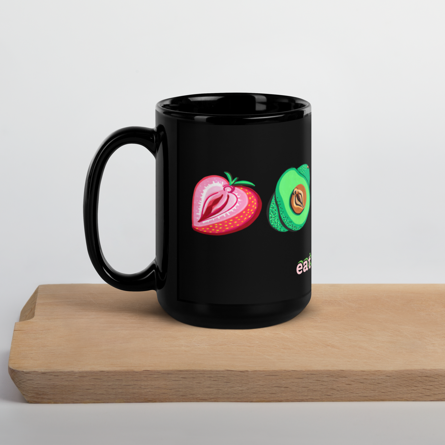 "Eat Good Food." Food Vulvas, Black Mug- 2 sizes (U.S ONLY)