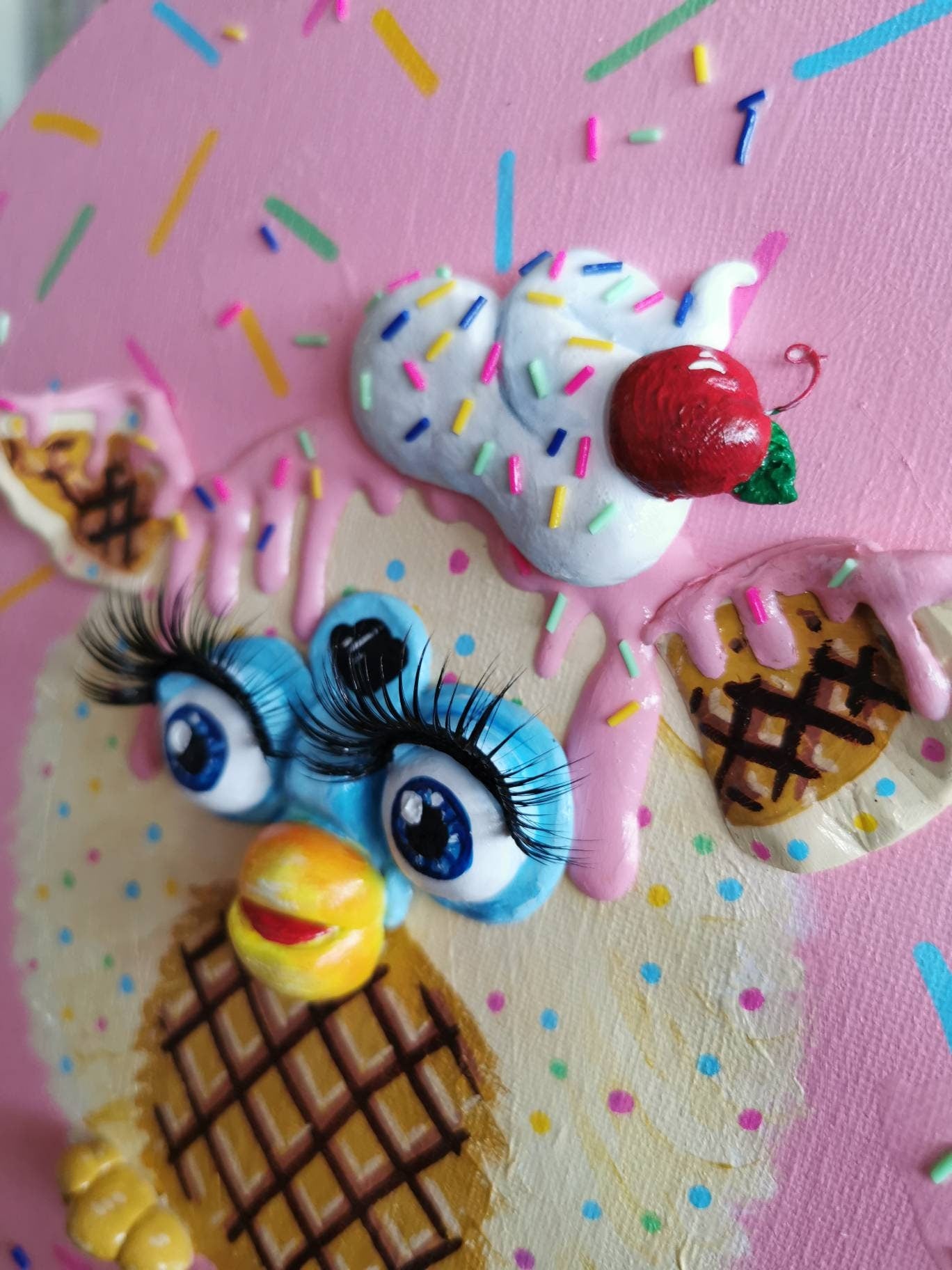 Furby Sprinkles and Ice Cream Painting. Original, one of a kind 3D painting.