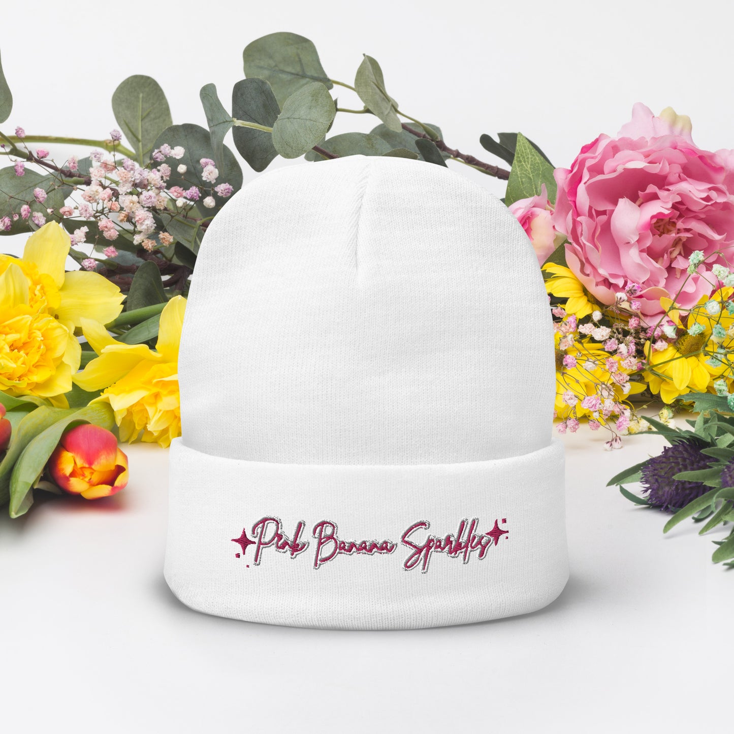 Pink Banana Sparkles- Embroidered Beanie
