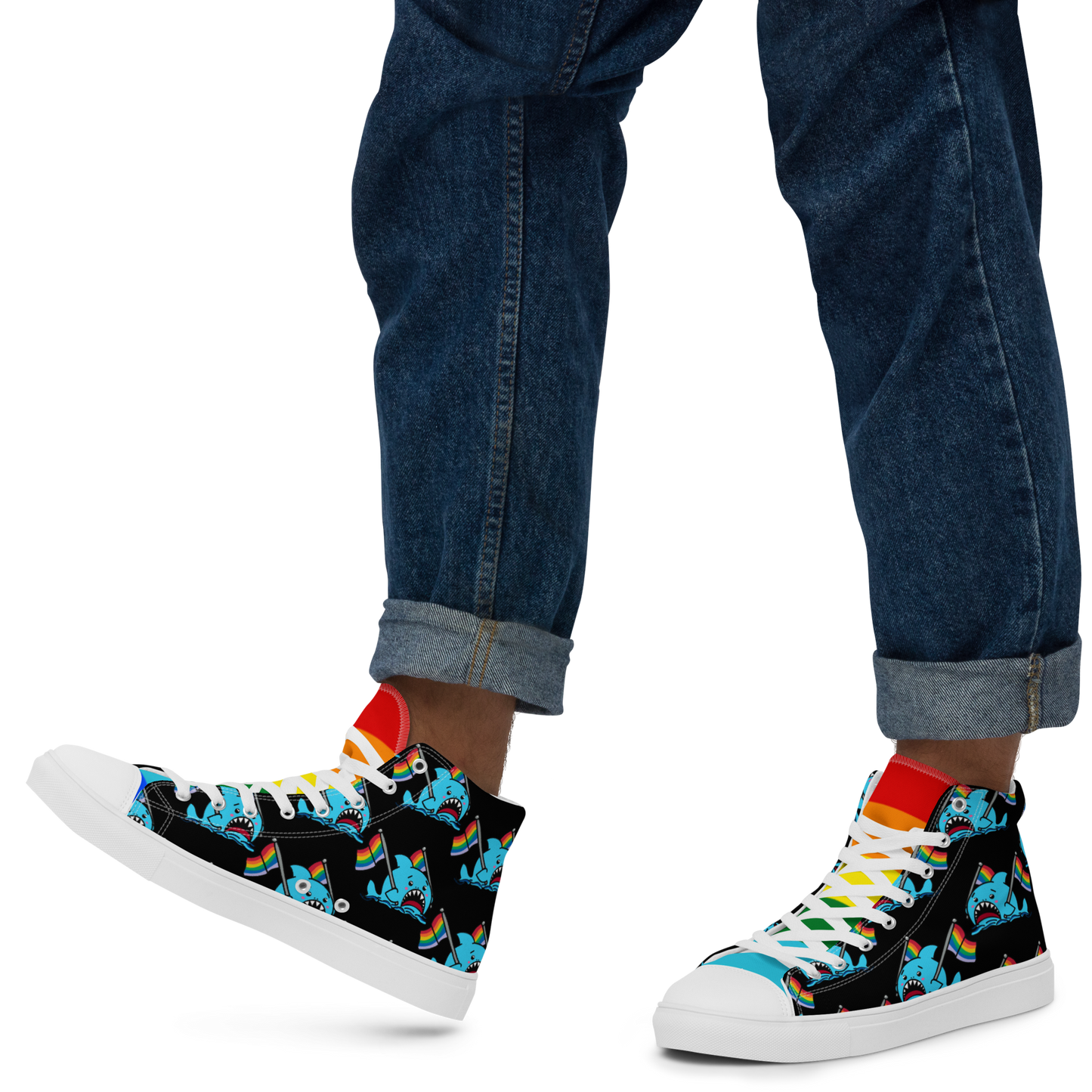 Anxious Shark Celebrates Pride (black) -Men’s high top canvas shoes