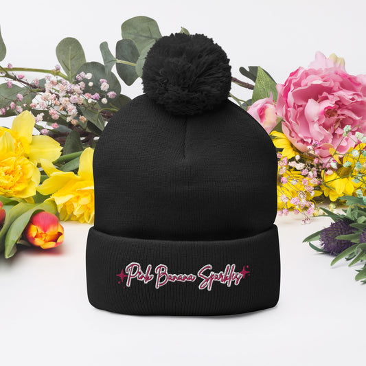 Pink Banana Sparkles- Embroidered Pom-Pom Beanie
