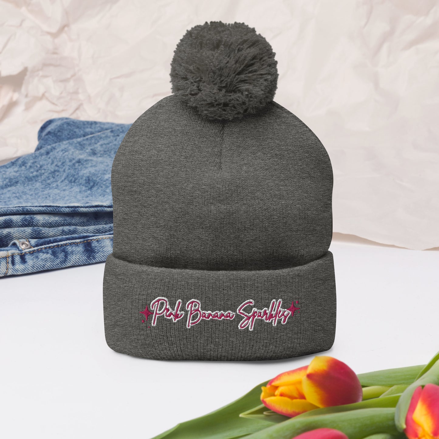Pink Banana Sparkles- Embroidered Pom-Pom Beanie