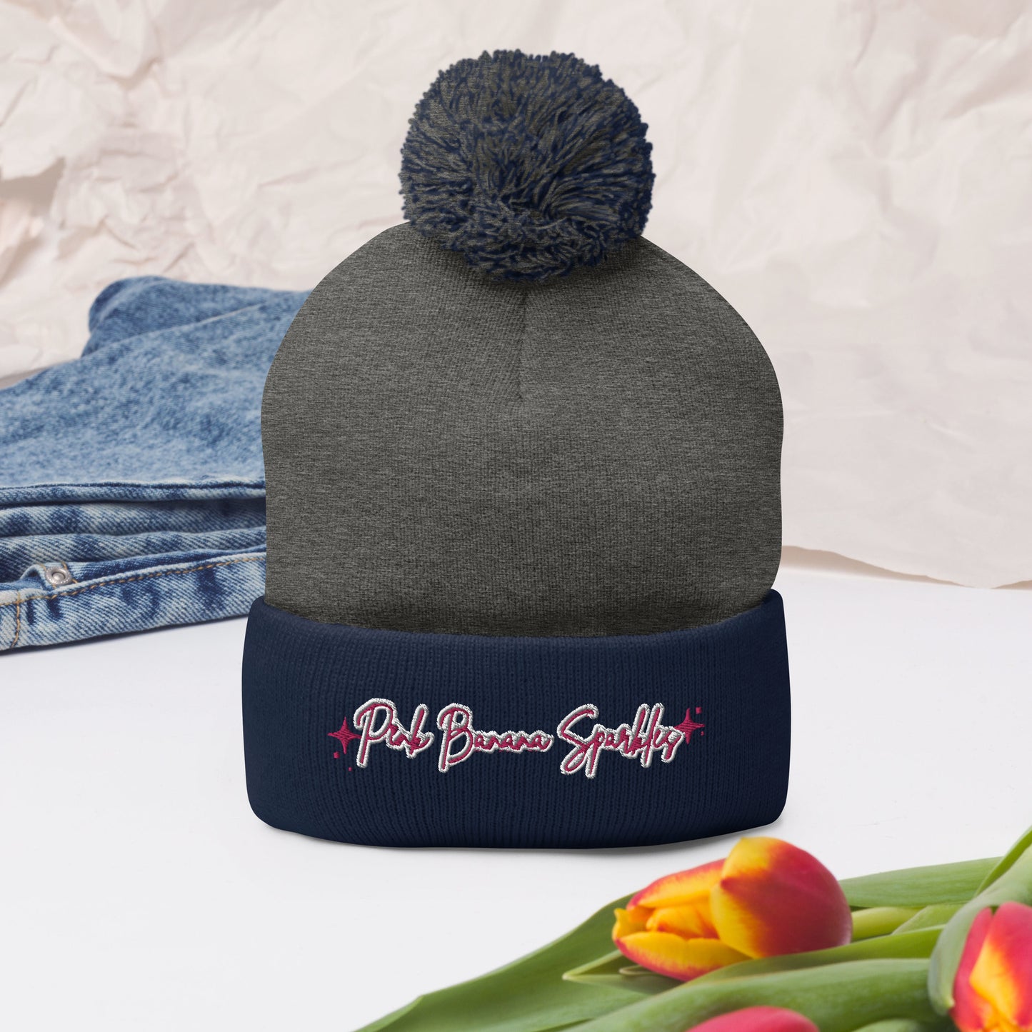 Pink Banana Sparkles- Embroidered Pom-Pom Beanie