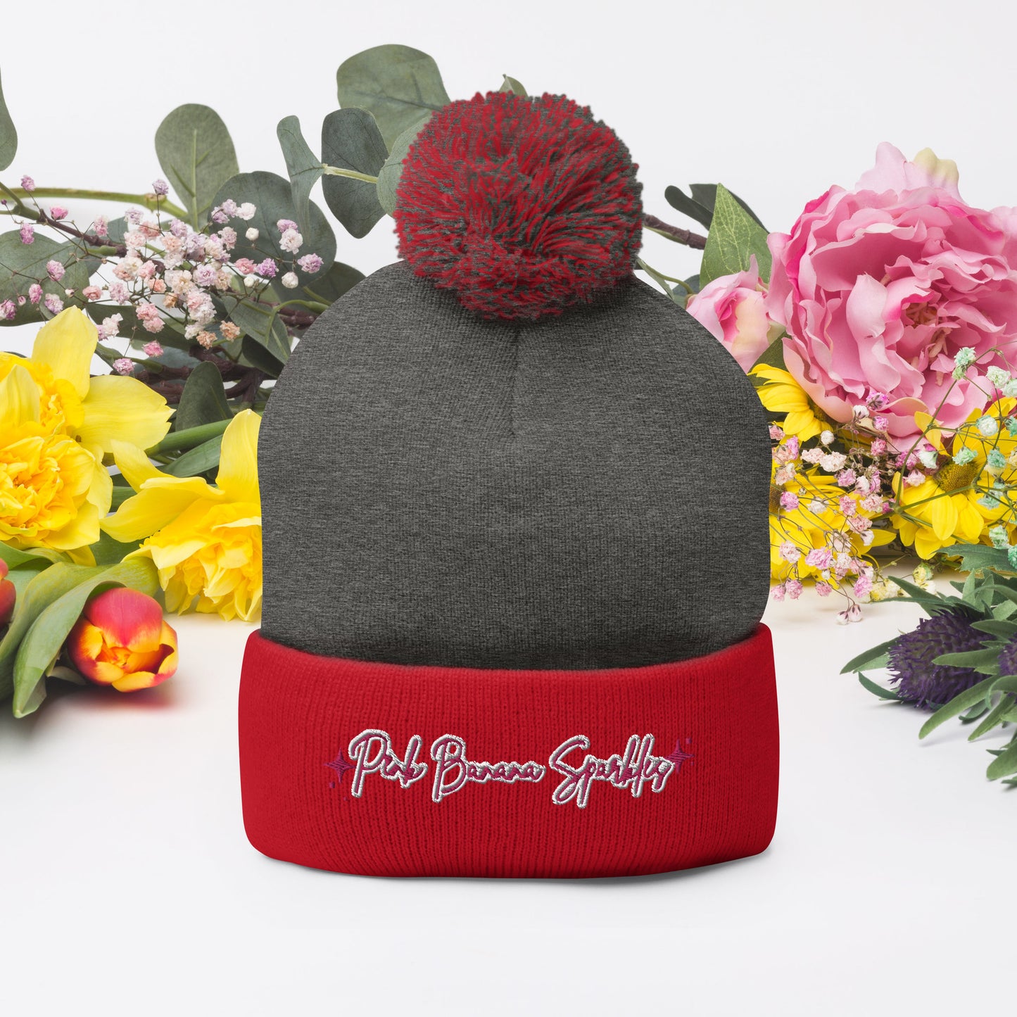 Pink Banana Sparkles- Embroidered Pom-Pom Beanie