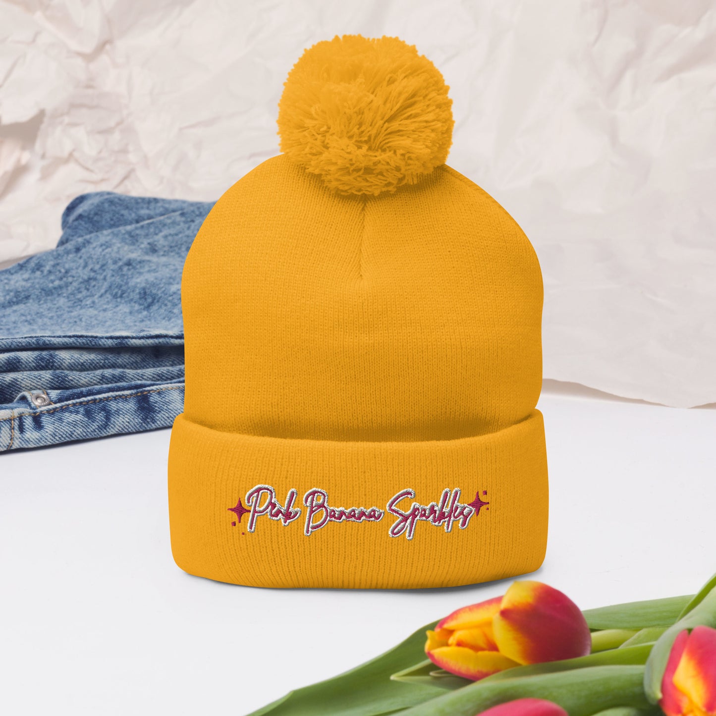 Pink Banana Sparkles- Embroidered Pom-Pom Beanie