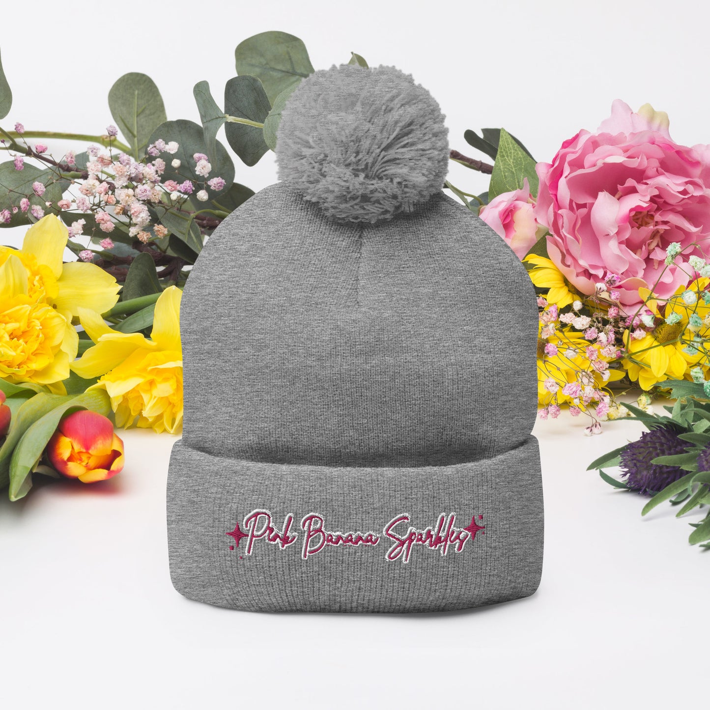 Pink Banana Sparkles- Embroidered Pom-Pom Beanie