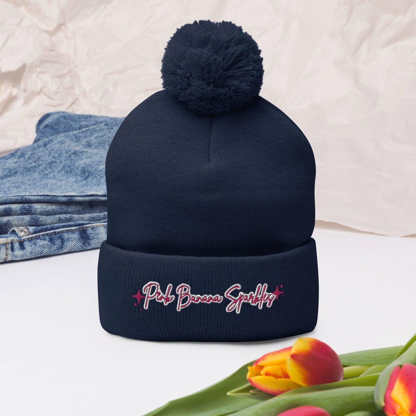 Pink Banana Sparkles- Embroidered Pom-Pom Beanie