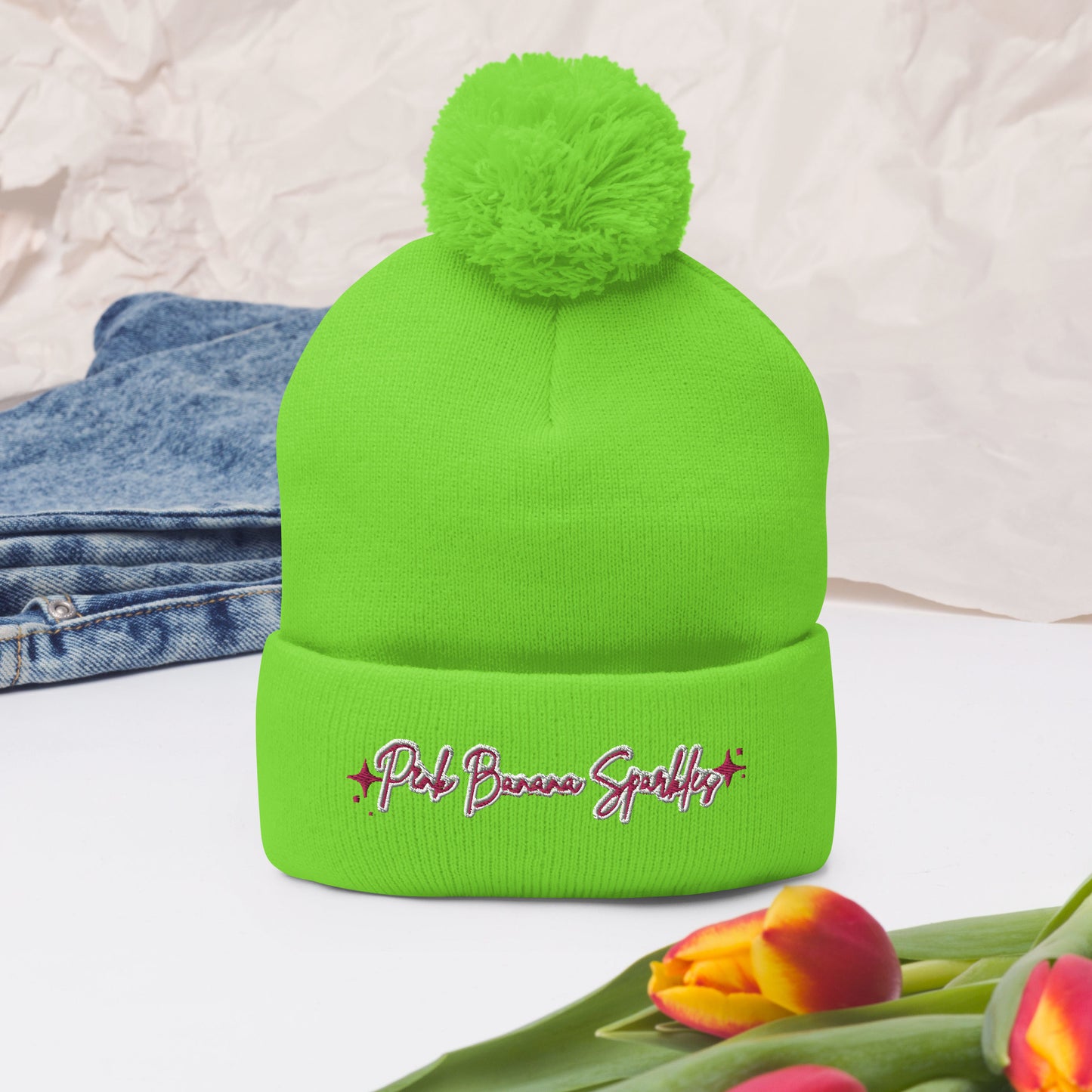 Pink Banana Sparkles- Embroidered Pom-Pom Beanie