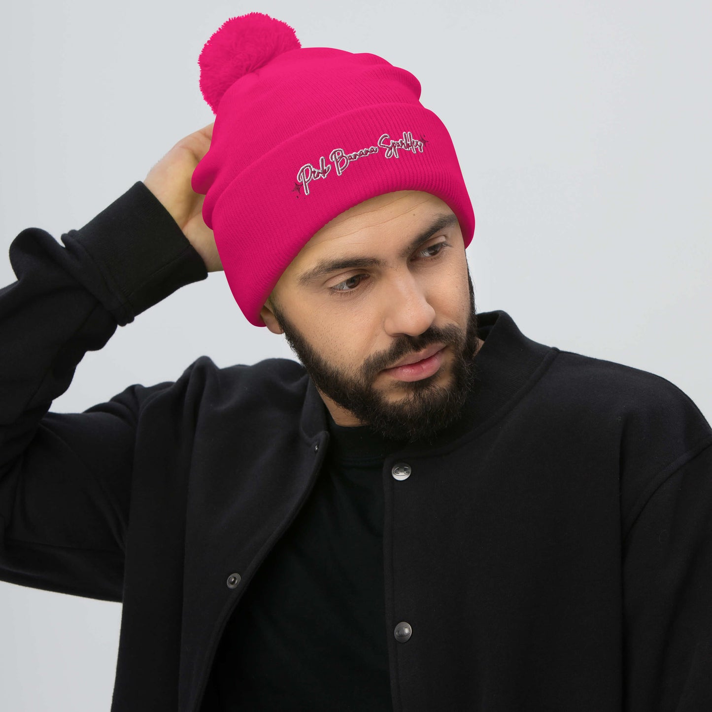 Pink Banana Sparkles- Embroidered Pom-Pom Beanie