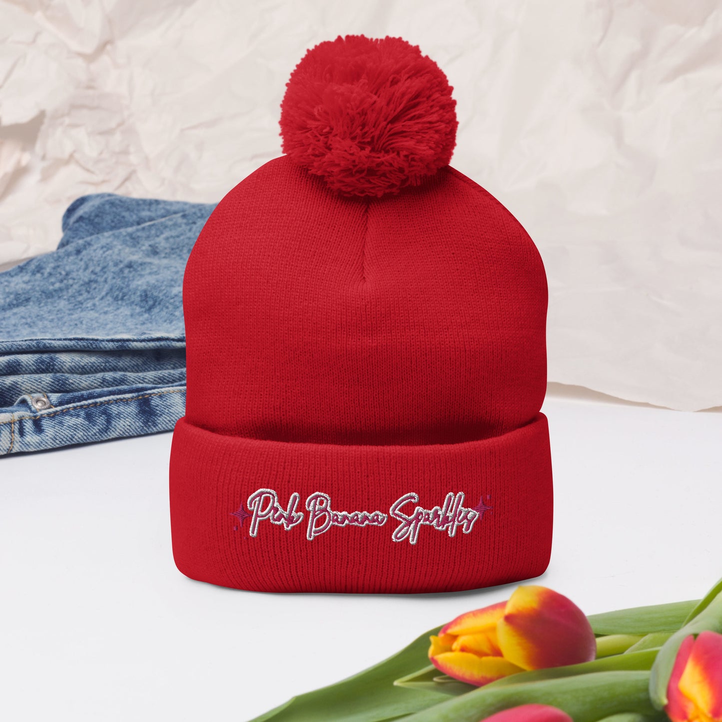 Pink Banana Sparkles- Embroidered Pom-Pom Beanie