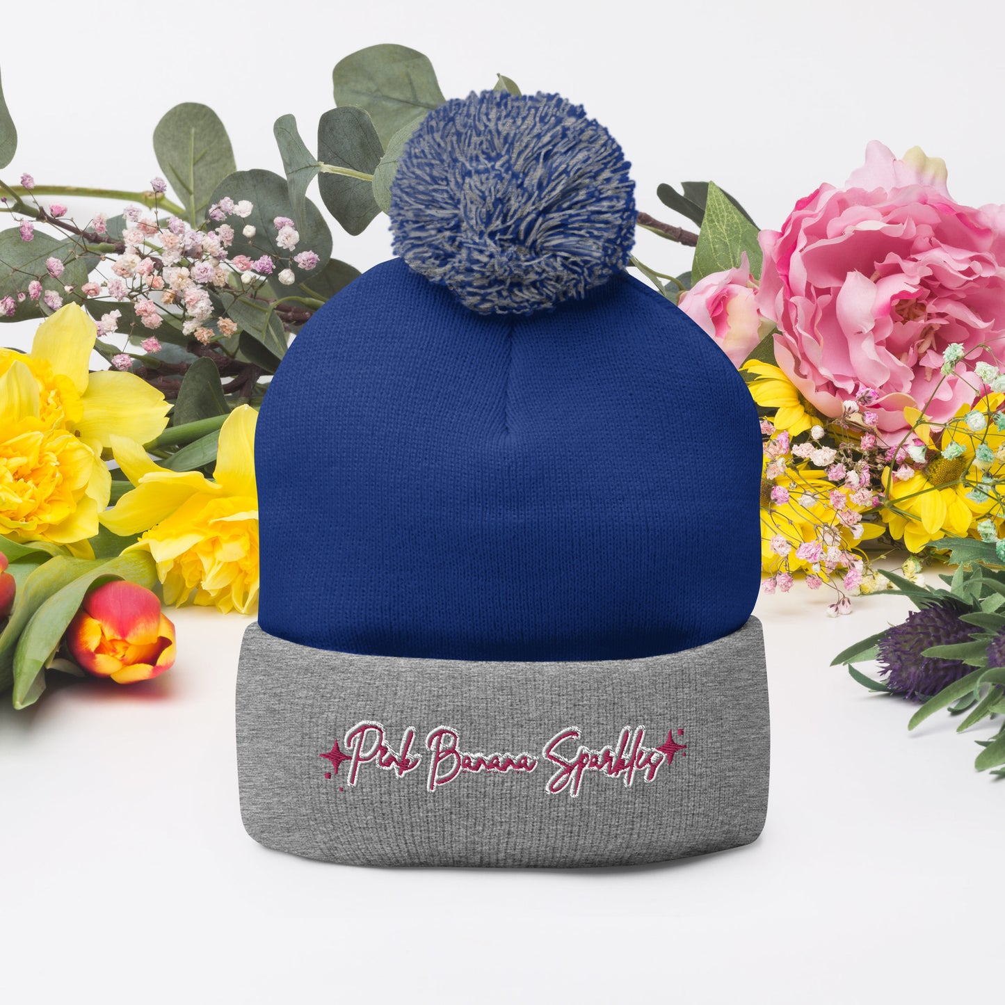 Pink Banana Sparkles- Embroidered Pom-Pom Beanie