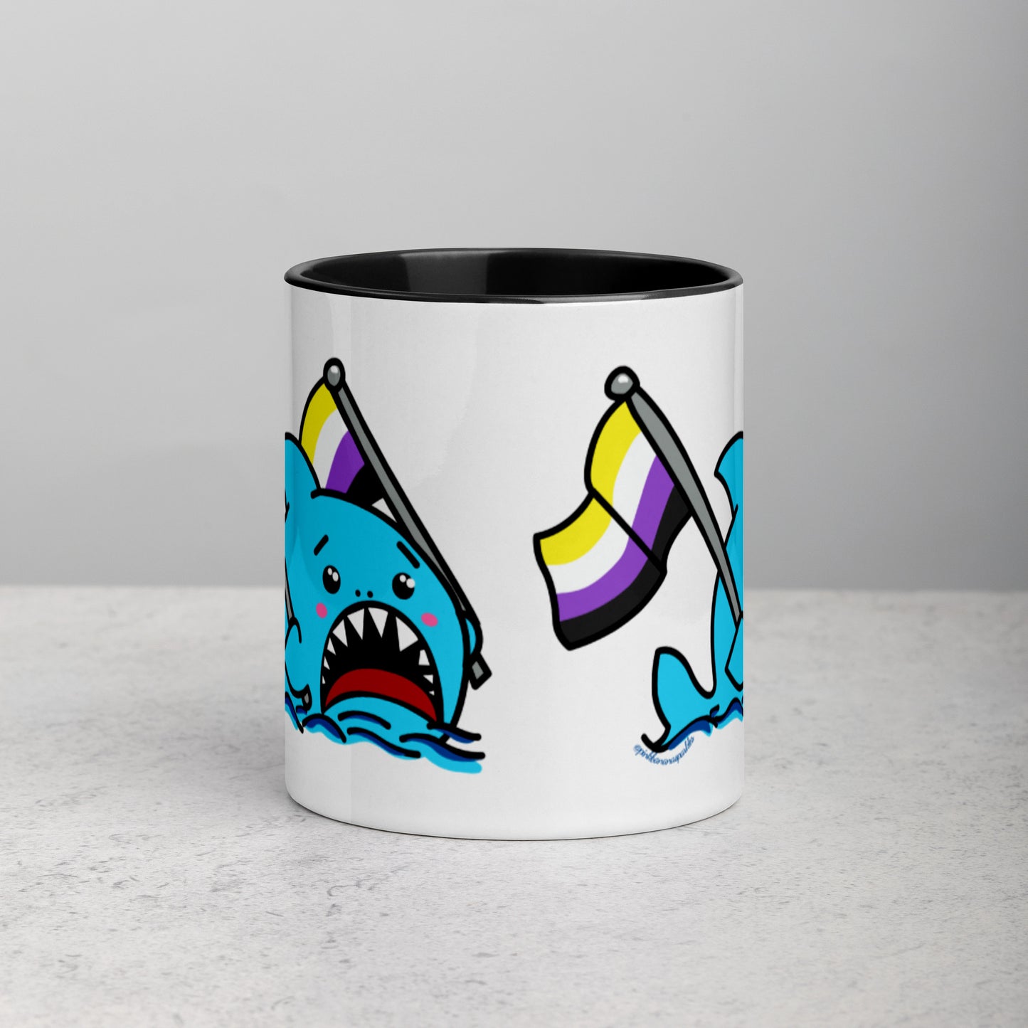 Anxious Shark Mug with Non-Binary Pride Flag (11oz)