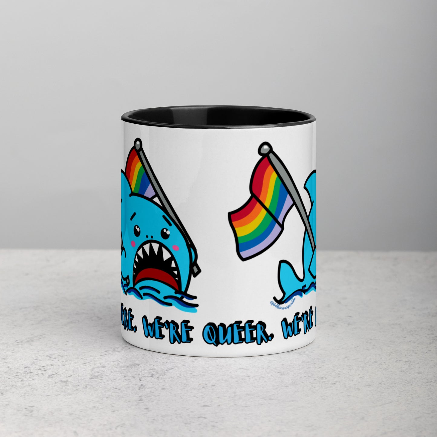 "We're Here.." -Anxious Shark, with Basic Rainbow Pride Flag Mug (11oz)