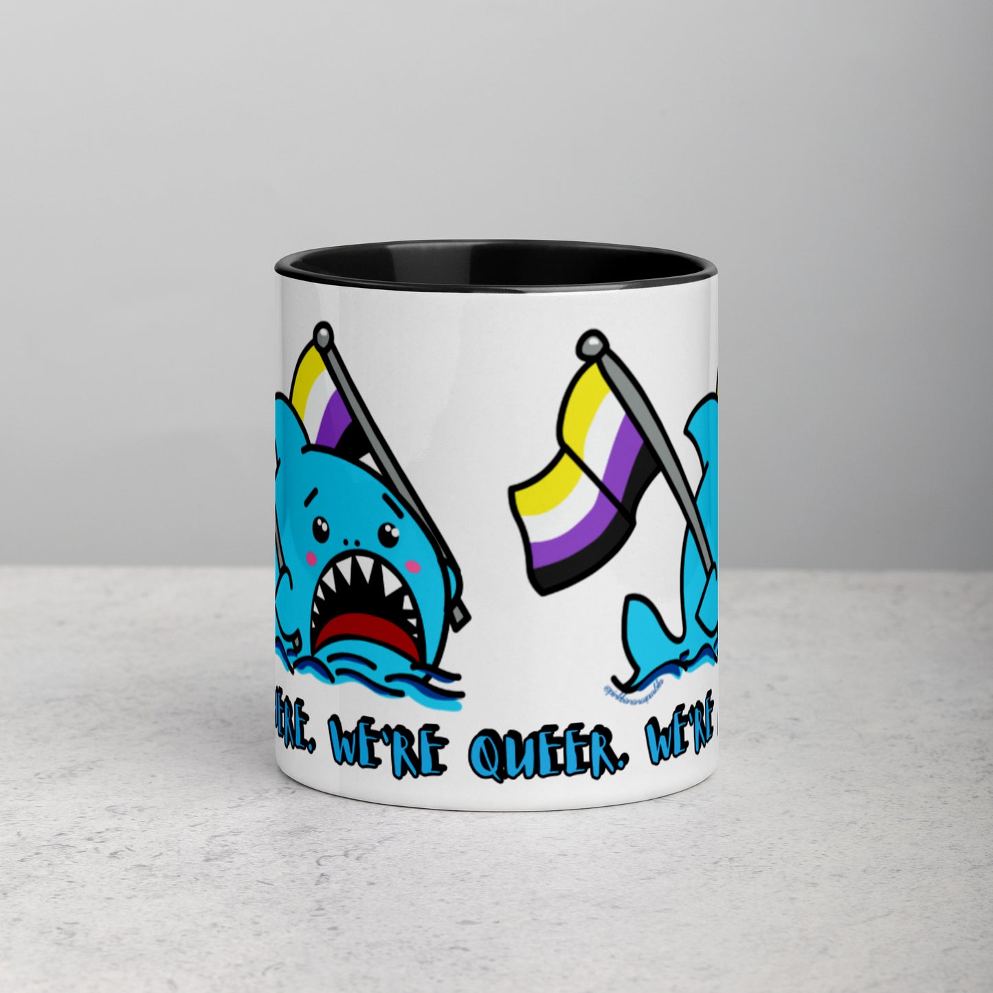 "We're Here..." Anxious Shark Mug with Non-Binary Pride Flag (11oz)