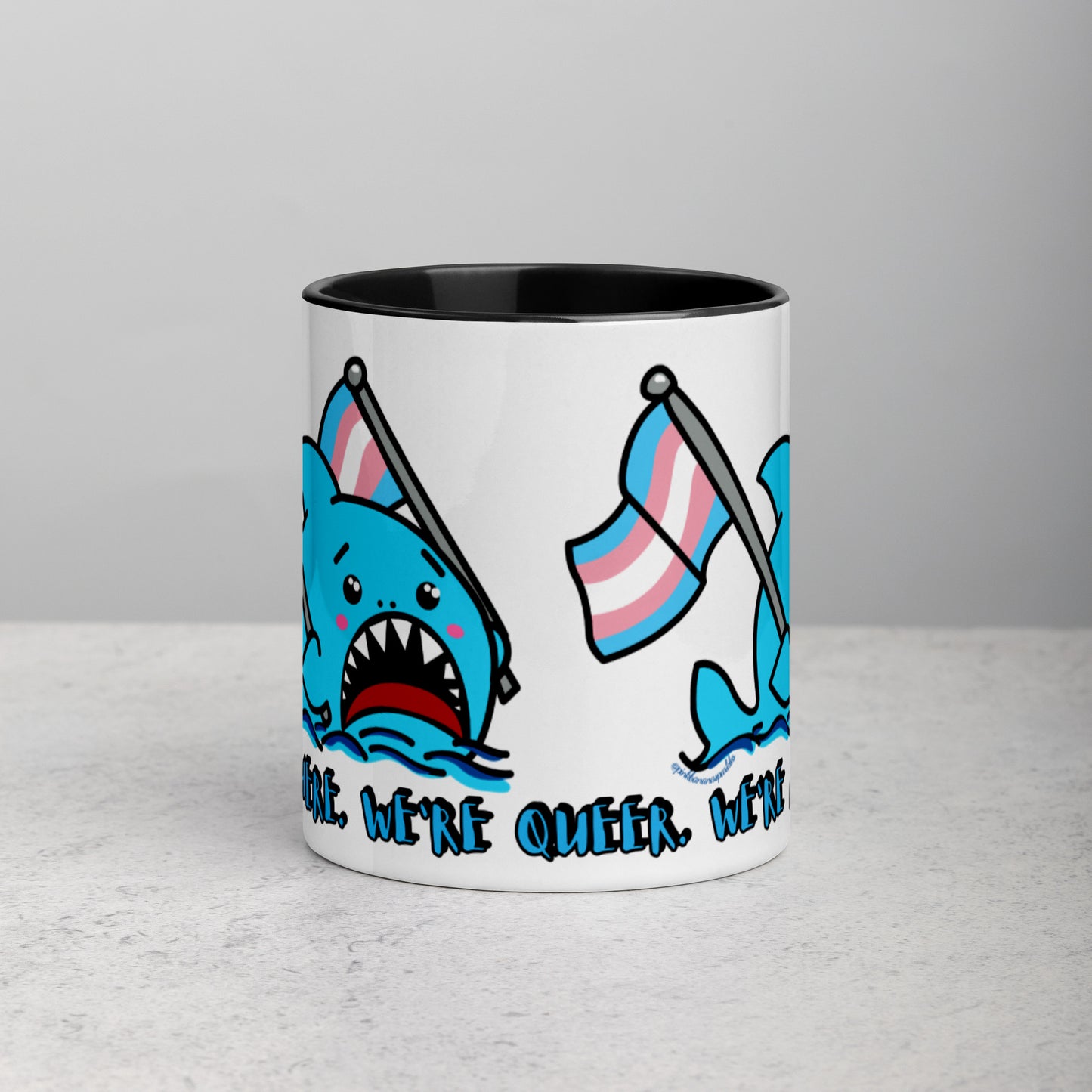 "We're Here..." Anxious Shark Mug with Transgender Pride Flag (11oz)