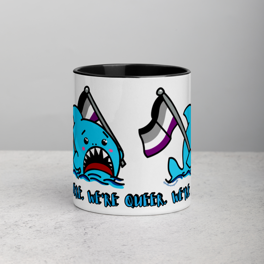 "We're Here..." Anxious Shark Mug with Asexual (Ace) Pride Flag (11oz)