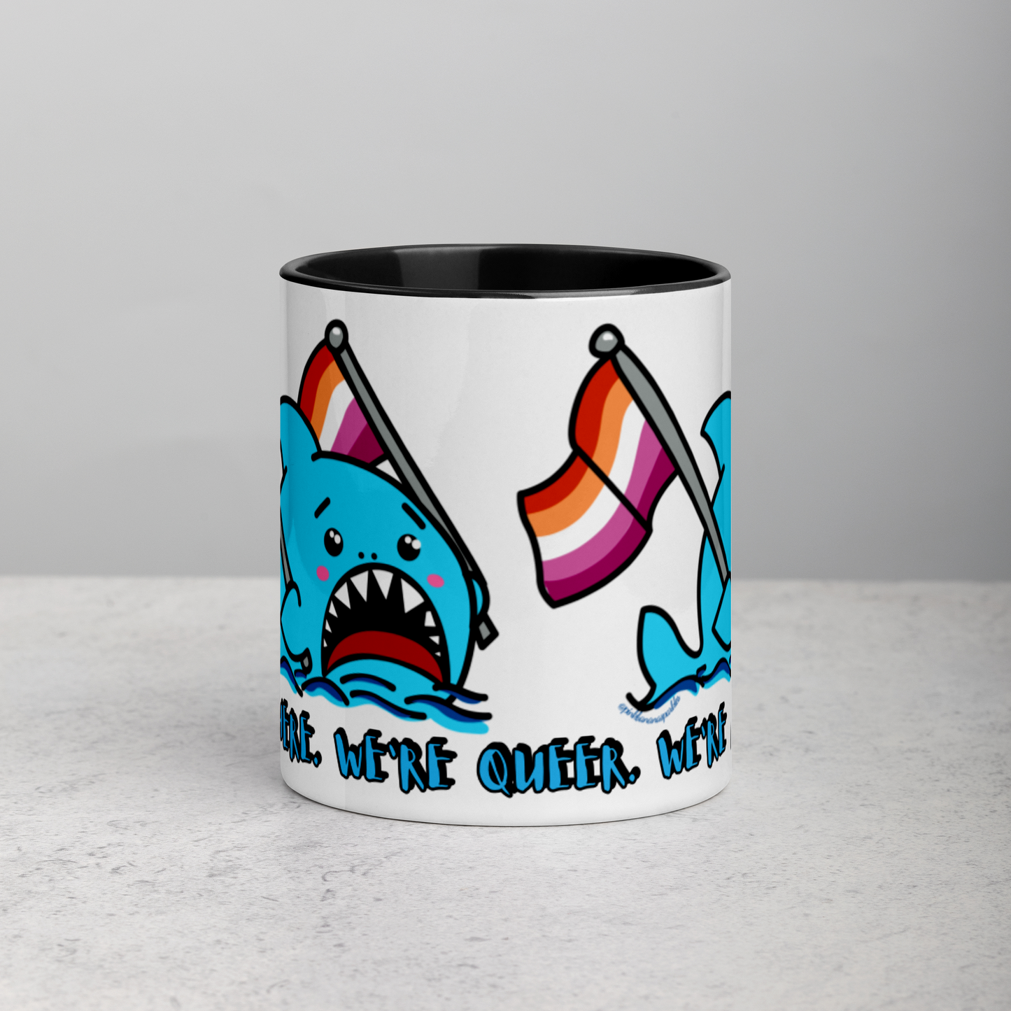 "We're Here..." Anxious Shark Mug with Lesbian Pride Flag (11oz)