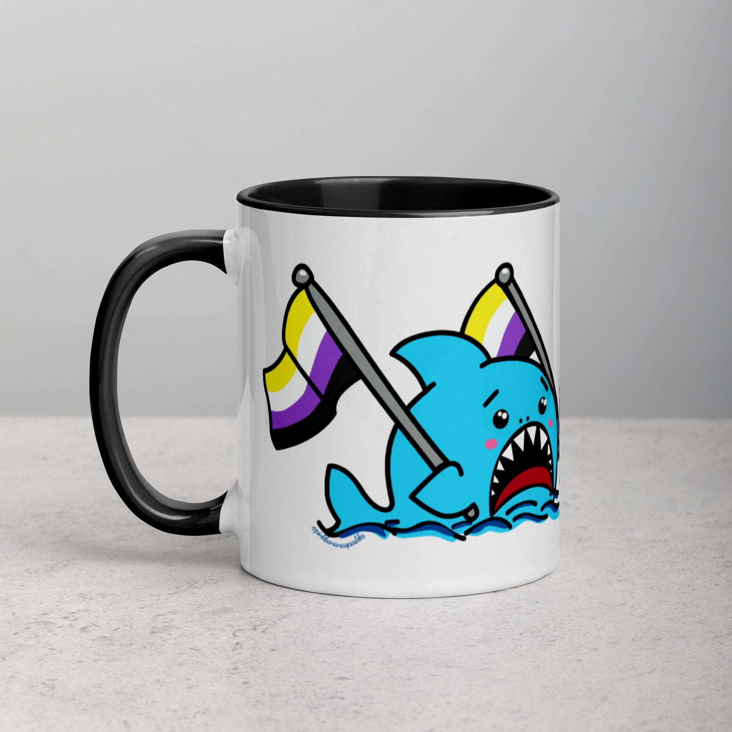 Anxious Shark Mug with Non-Binary Pride Flag (11oz)