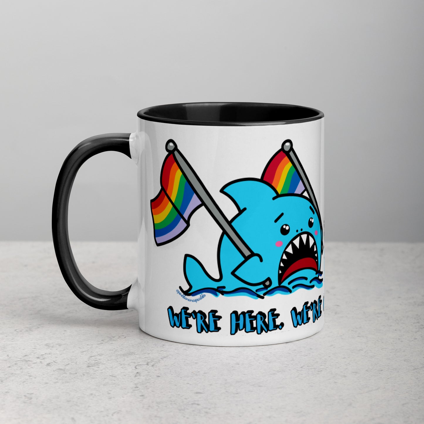 "We're Here.." -Anxious Shark, with Basic Rainbow Pride Flag Mug (11oz)