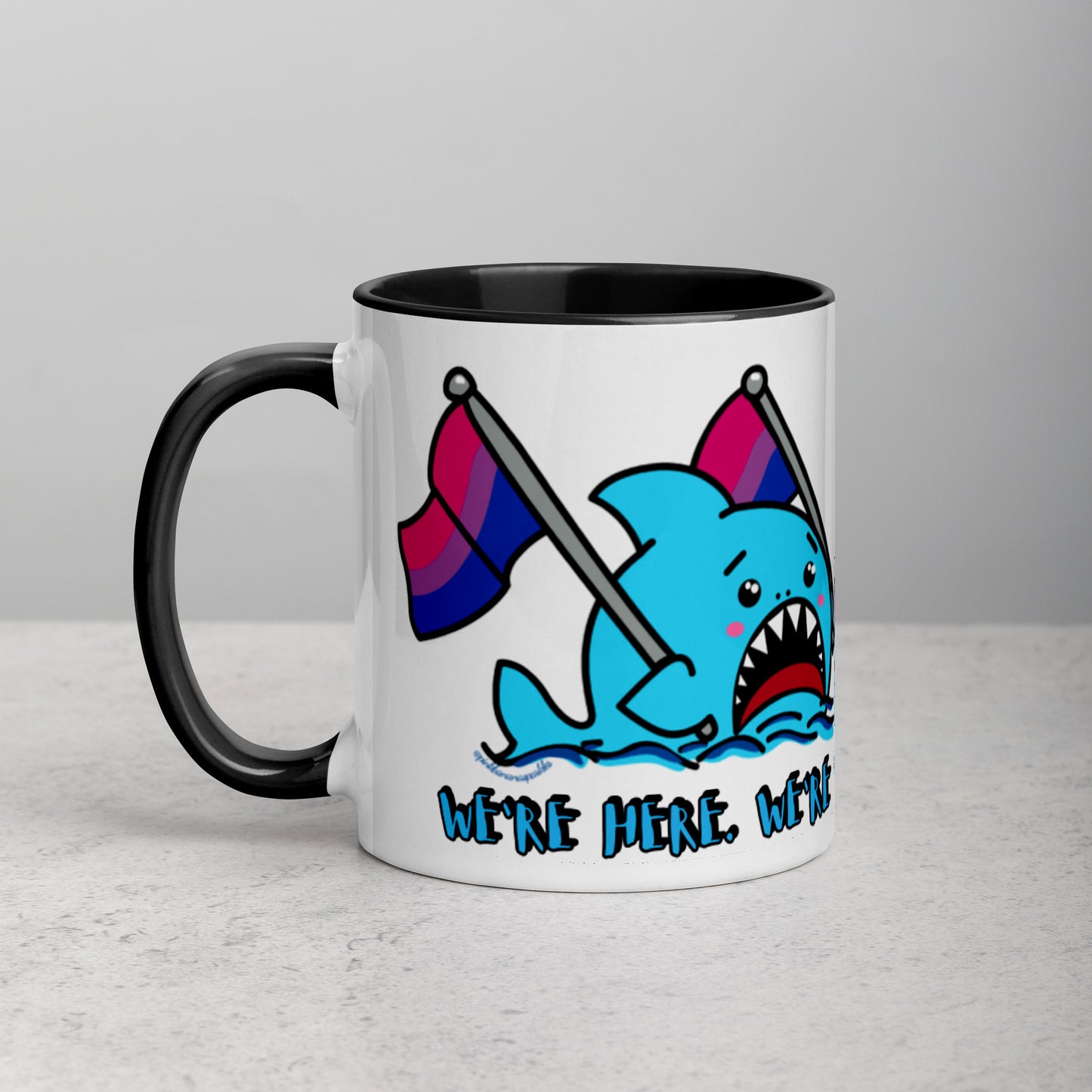 "We're Here..." Anxious Shark Mug with Bisexual Pride Flag (11oz)