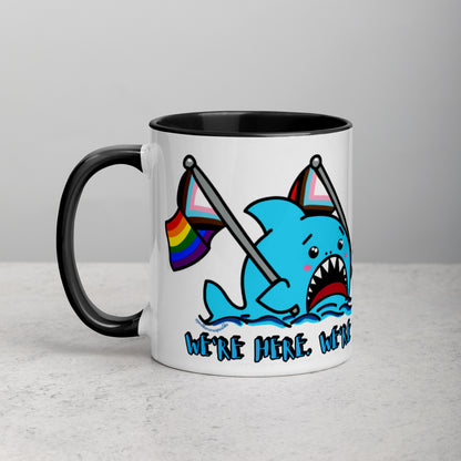 "We're Here..." Anxious Shark with Inclusive Rainbow Pride Flag Mug (11oz)