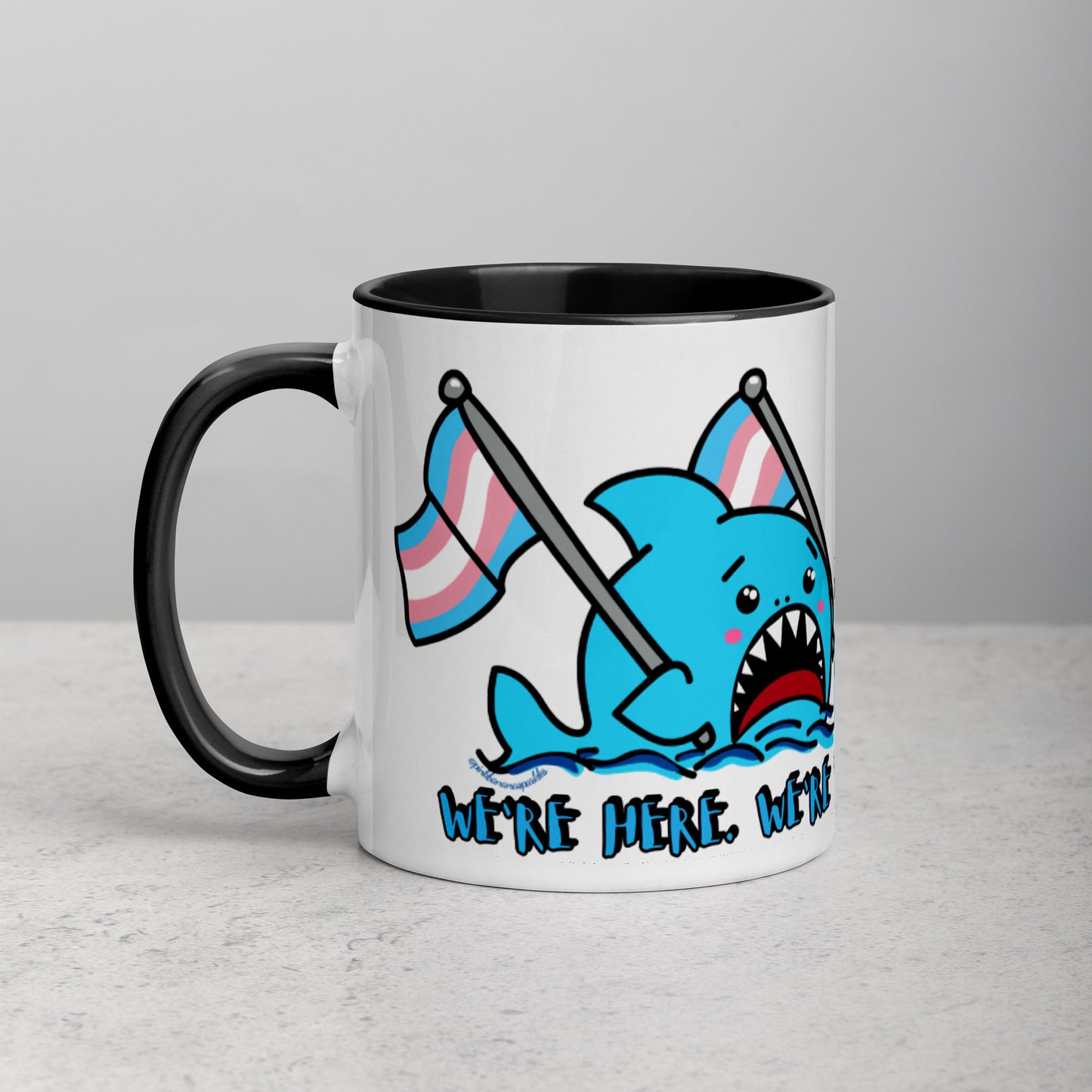 "We're Here..." Anxious Shark Mug with Transgender Pride Flag (11oz)