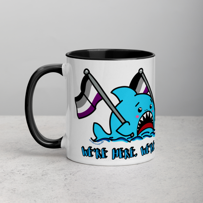 "We're Here..." Anxious Shark Mug with Asexual (Ace) Pride Flag (11oz)