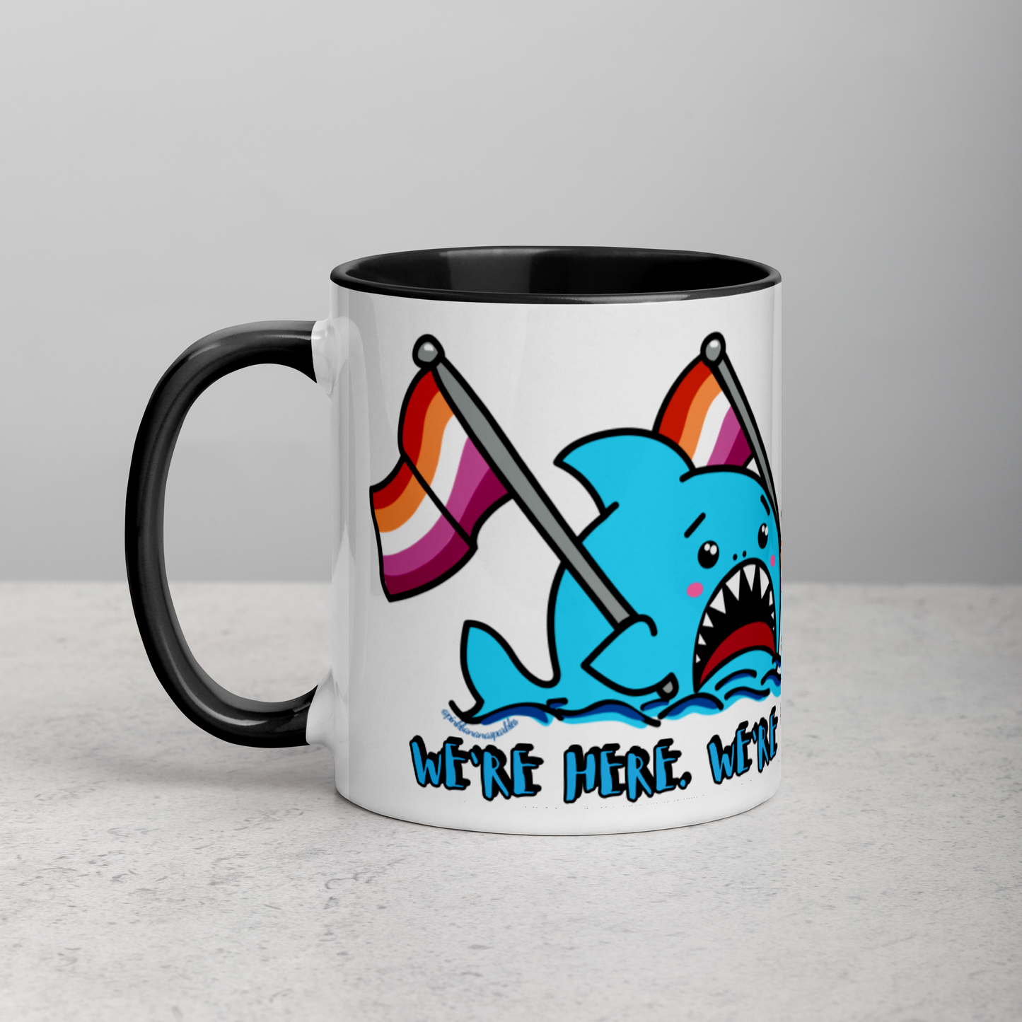 "We're Here..." Anxious Shark Mug with Lesbian Pride Flag (11oz)