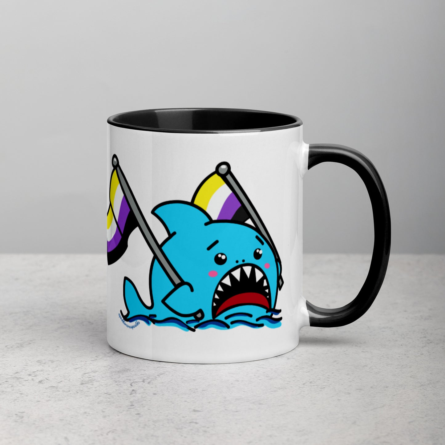 Anxious Shark Mug with Non-Binary Pride Flag (11oz)
