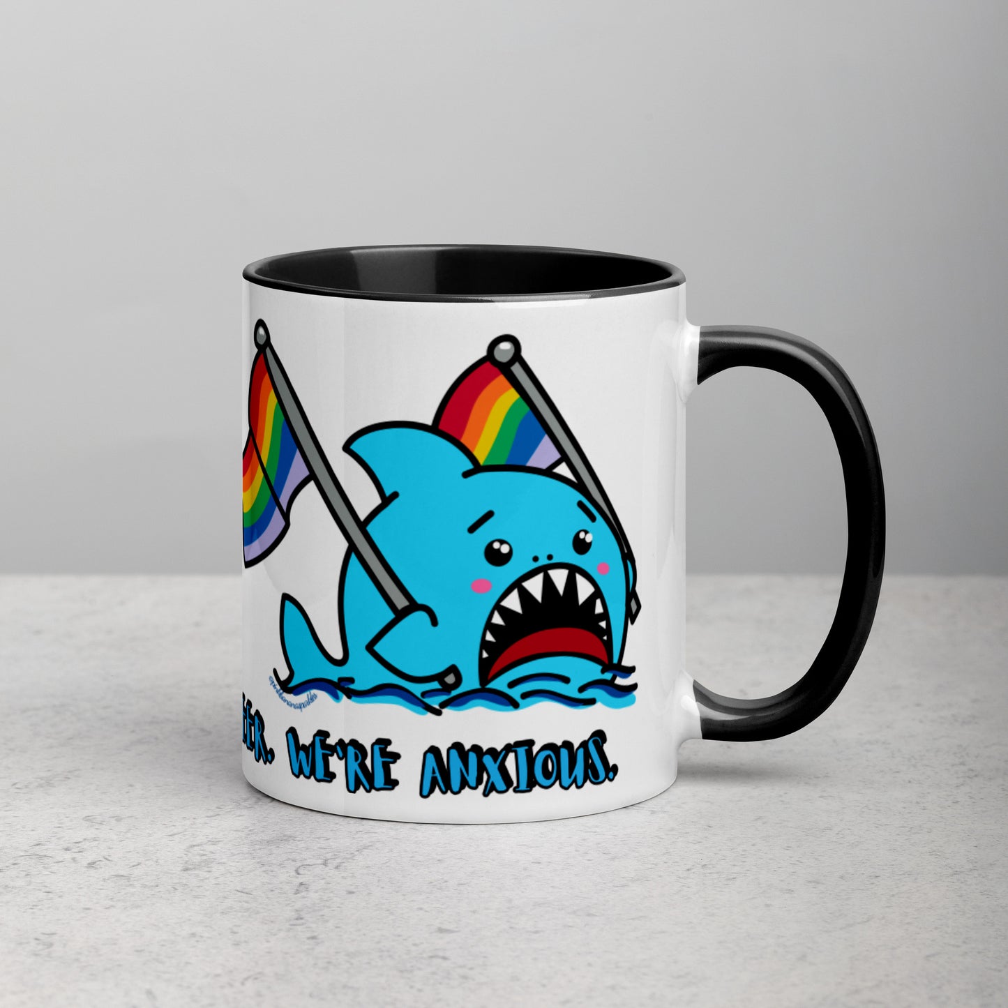 "We're Here.." -Anxious Shark, with Basic Rainbow Pride Flag Mug (11oz)