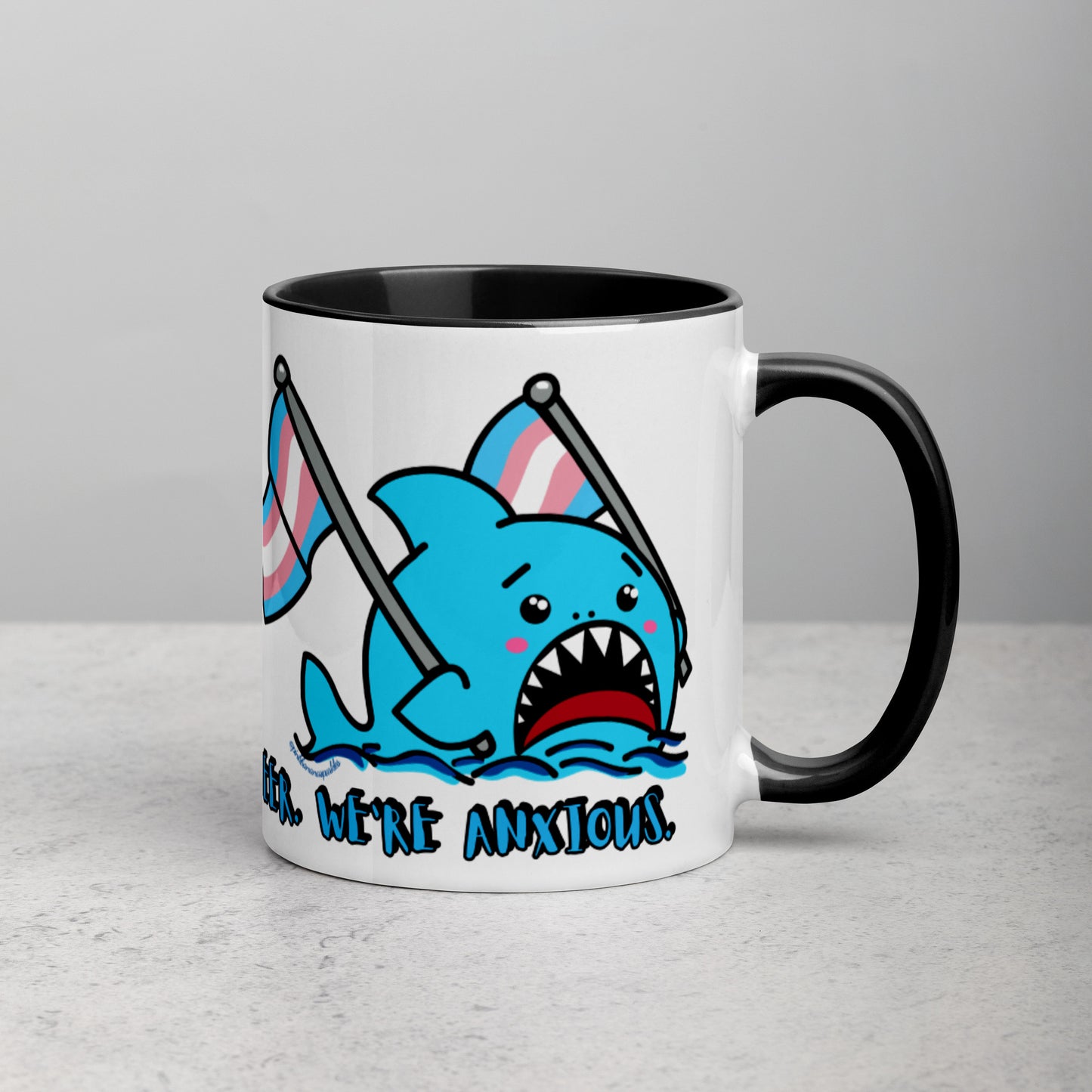 "We're Here..." Anxious Shark Mug with Transgender Pride Flag (11oz)