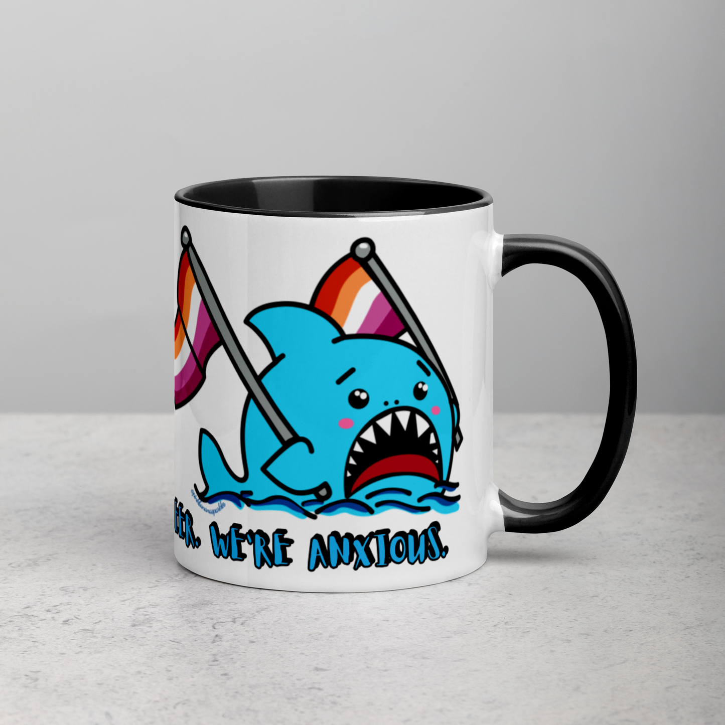 "We're Here..." Anxious Shark Mug with Lesbian Pride Flag (11oz)