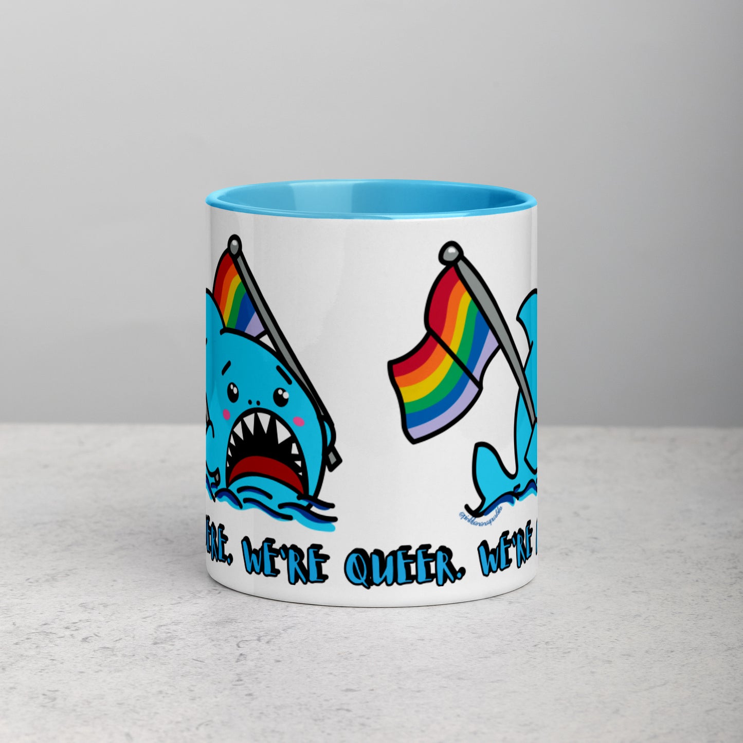 "We're Here.." -Anxious Shark, with Basic Rainbow Pride Flag Mug (11oz)