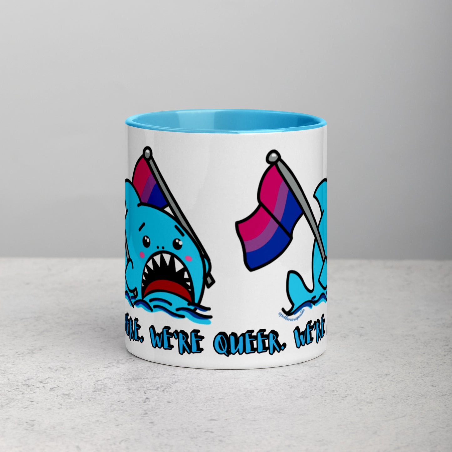 "We're Here..." Anxious Shark Mug with Bisexual Pride Flag (11oz)