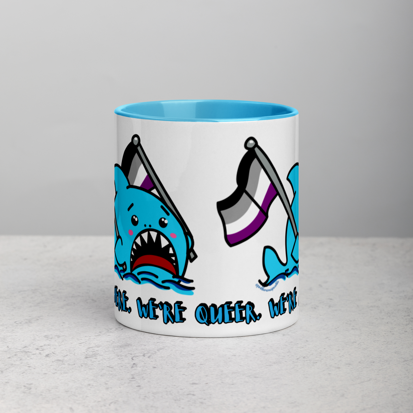 "We're Here..." Anxious Shark Mug with Asexual (Ace) Pride Flag (11oz)