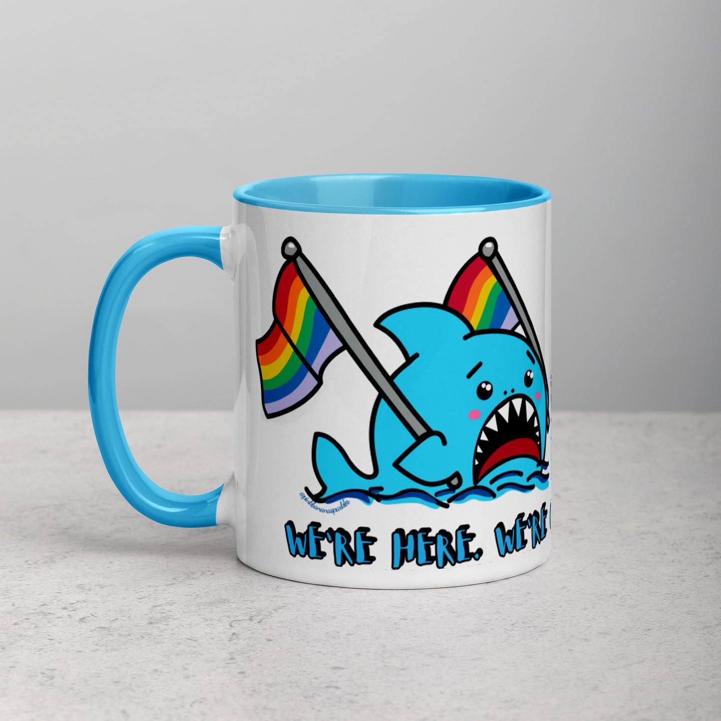 "We're Here.." -Anxious Shark, with Basic Rainbow Pride Flag Mug (11oz)