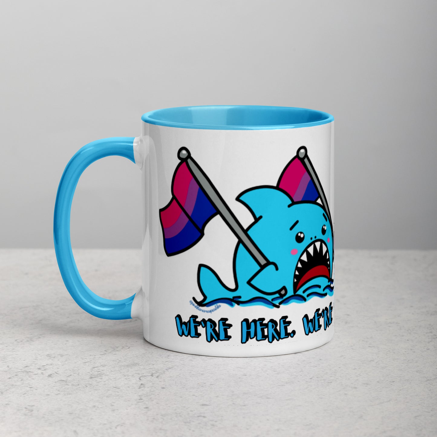 "We're Here..." Anxious Shark Mug with Bisexual Pride Flag (11oz)