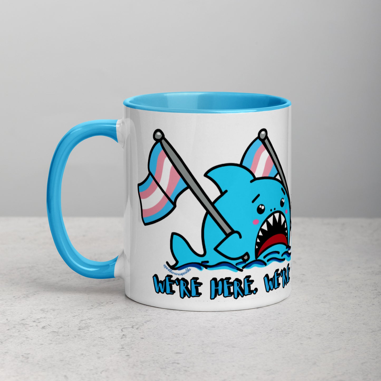 "We're Here..." Anxious Shark Mug with Transgender Pride Flag (11oz)
