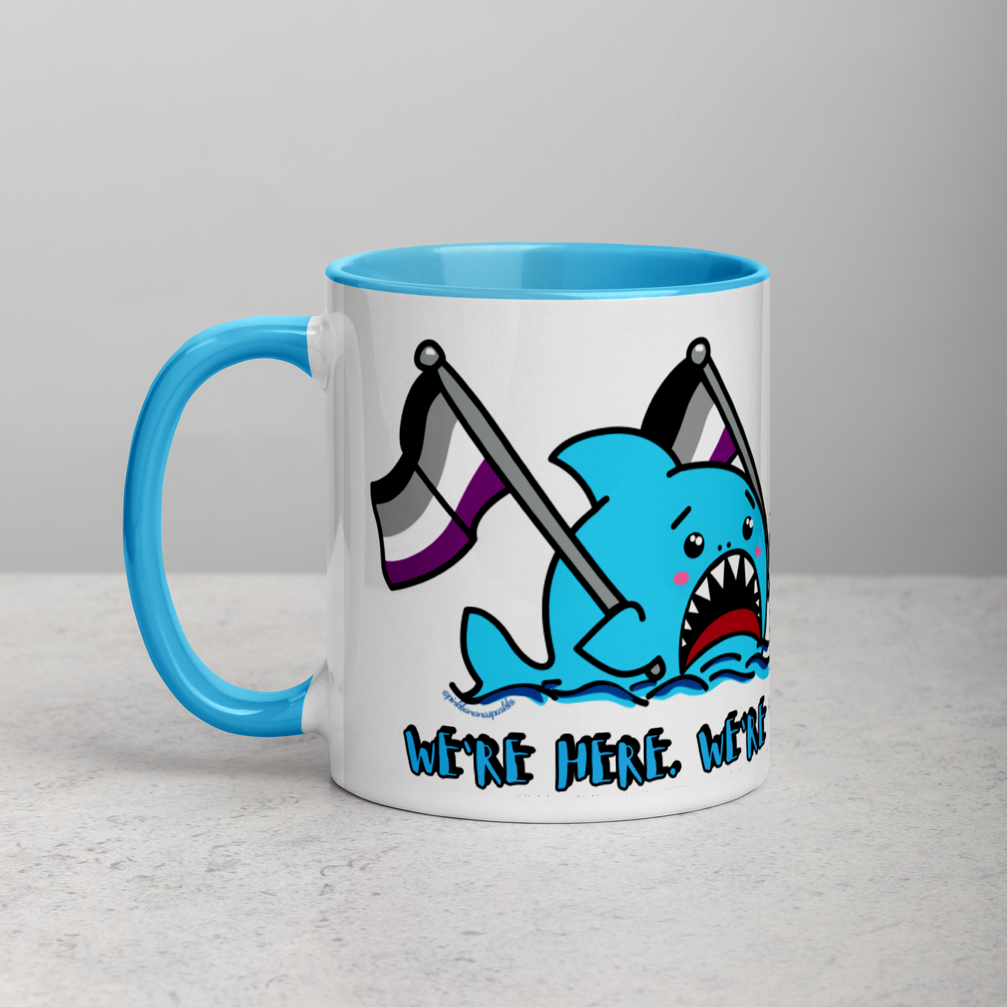 "We're Here..." Anxious Shark Mug with Asexual (Ace) Pride Flag (11oz)