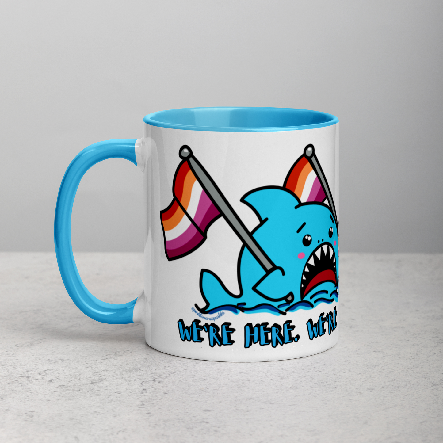 "We're Here..." Anxious Shark Mug with Lesbian Pride Flag (11oz)