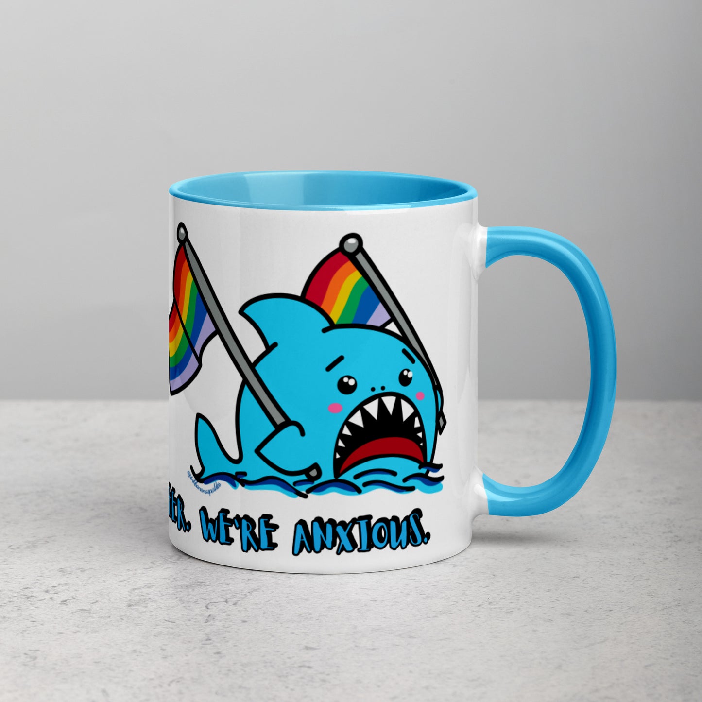 "We're Here.." -Anxious Shark, with Basic Rainbow Pride Flag Mug (11oz)