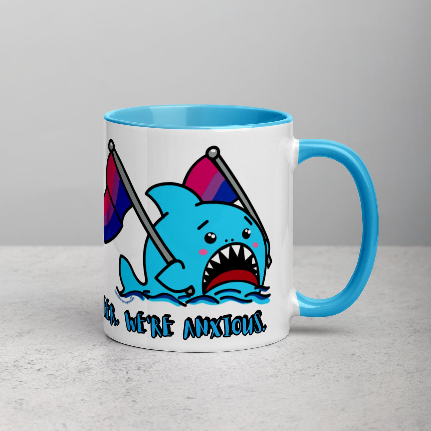 "We're Here..." Anxious Shark Mug with Bisexual Pride Flag (11oz)